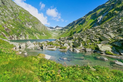 Dorfer See in the background the Kalser Tauern, mountain lake, blue sky, Dorfertal, Hohe Tauern