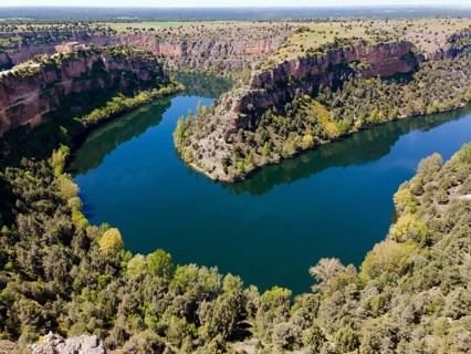 A deep gorge with a calm river surrounded by lush vegetation and trees under a clear sky, aerial