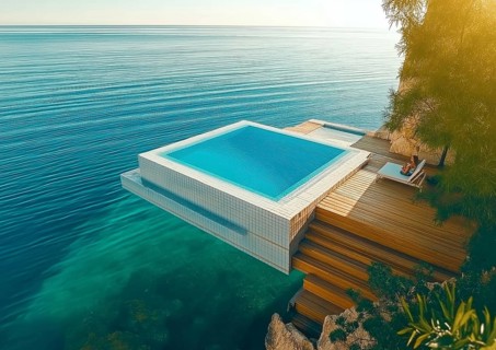 Modern infinity pool extending over a clear ocean with a person relaxing on a deck, surrounded by