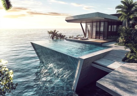 A luxurious modern villa with an infinity pool overlooking the ocean, surrounded by trees and glass