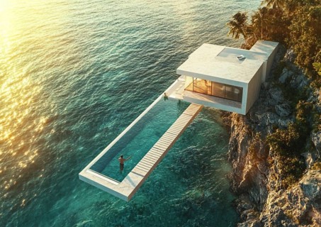A cliffside villa with an infinity pool and person standing, offering a breathtaking ocean view
