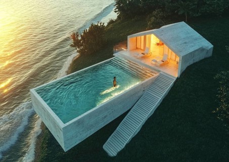 A modern house with a pool and a woman swimming, steps leading down to an ocean view at sunset, AI