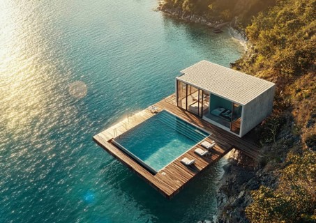 Floating villa with a pool on a wooden deck, set against an ocean backdrop during sunset, AI
