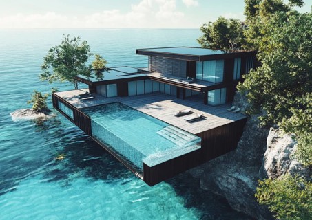 Modern cliffside house with infinity pool overlooking the ocean, surrounded by trees and natural