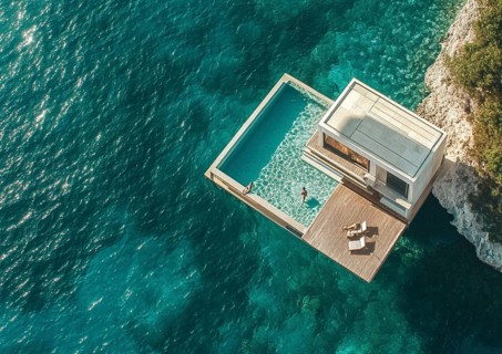 Luxurious floating villa with a private pool, surrounded by turquoise ocean waters and a person