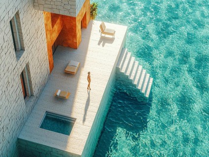 Modern seaside retreat with a pool, featuring a sunlit terrace overlooking clear waters, AI