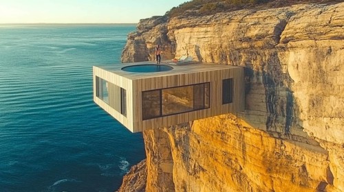 Modern cliff house with large glass windows and a rooftop pool, overlooking the ocean, AI generated
