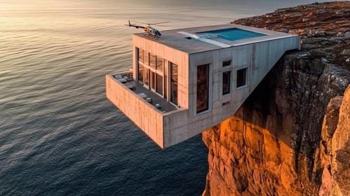 Modern cliff house with a pool and helicopter, positioned above a vast ocean at sunset, AI