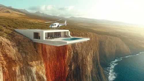 Modern luxury house perched on a cliff with a helicopter and an infinity pool overlooking the