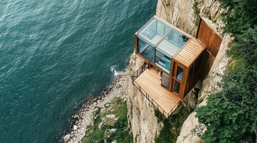 A glass cabin with wooden elements, perched on a cliffside with a sea view, blending modern