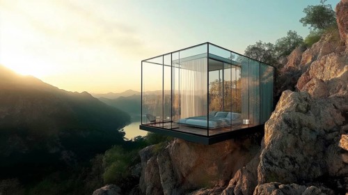 A minimalistic glass house on a cliffside at sunrise, blending modern architecture with natural