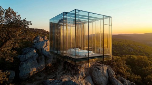 A modern glass structure on a rocky hill at sunrise, offering panoramic views and a serene