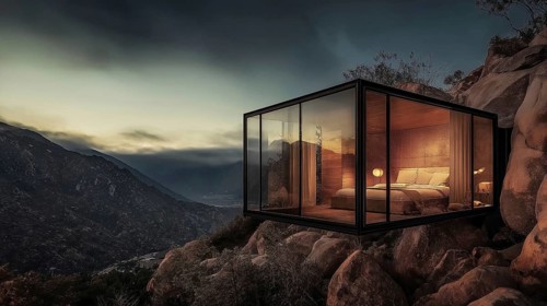 A cozy glass cabin at night, nestled among rocky mountains with warm interior lighting, AI