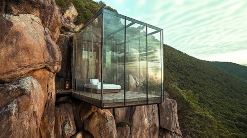 Glass house built into a cliffside overlooking lush mountains and rocks, creating a serene and