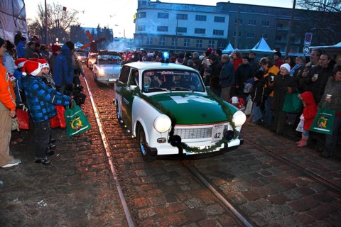 Parade of Father Christmases and Trabant drivers at the Father Christmas Parade in Brandenburg an