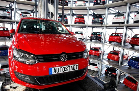 Wolfsburg, 10.03.2010, A Volkswagen Golf VI in the Autoturm of the Autostadt, Wolfsburg, Germany,