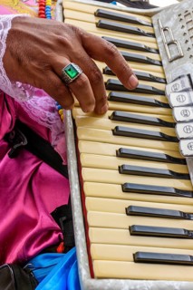Accordionist's hands playing the keyboard of his instrument during a performance and popular party