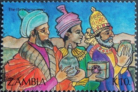 The three wise men, biblical motif on a stamp from Zambia