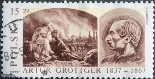 Artur Grottger (1837, 1867), Polish painter and illustrator. Portrait on Polish postage stamp