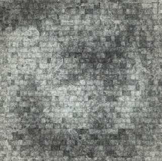 An abstract monochrome artwork featuring a textured mosaic pattern in shades of black, white, and