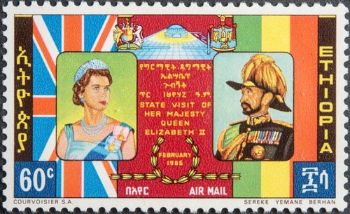 Haile Selassie, (1892, 1975) Emperor of Ethiopia. Portrait on Ethiopian postage stamp together with