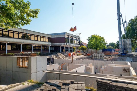 Construction site, start of structural work, new building, town hall, town centre, municipality of