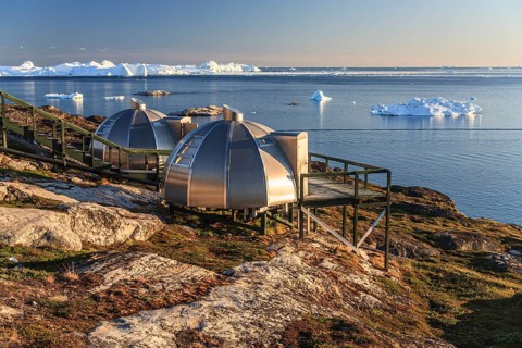 Igloos, Igloo Hotel, Hotel Arctic in Midnight Sun, Ilulissat, Disko Bay, West Greenland, Greenland,