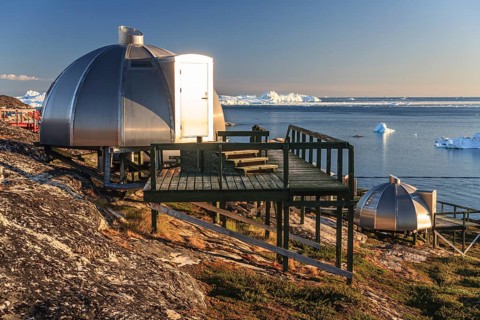 Igloos, Igloo Hotel, Hotel Arctic in Midnight Sun, Ilulissat, Disko Bay, West Greenland, Greenland,