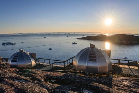 Igloos, Igloo Hotel, Hotel Arctic in Midnight Sun, Ilulissat, Disko Bay, West Greenland, Greenland,