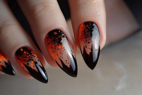 Woman's long fingernails with black and orange Halloween themed nail art design, Generative Ai, AI