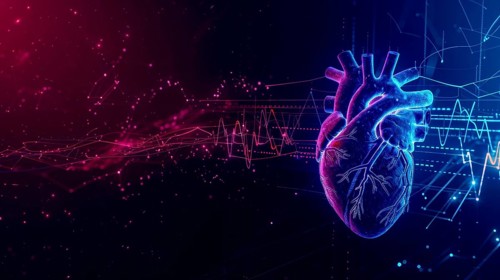 High-tech digital depiction of a human heart in neon blue and purple with heartbeat waveforms, AI