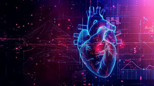 A neon-lit digital image of a human heart against a high-tech background in purple and blue hues,