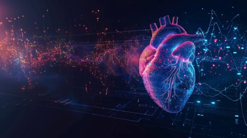 Futuristic digital rendering of a human heart with neon lights and particle effects in blue and