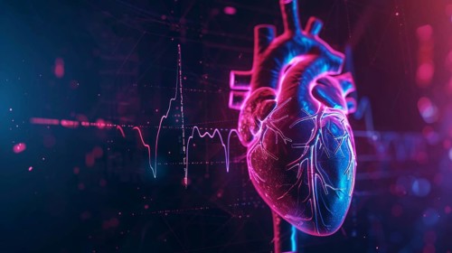 A digital illustration of a human heart in neon purple and blue with heartbeat lines in the