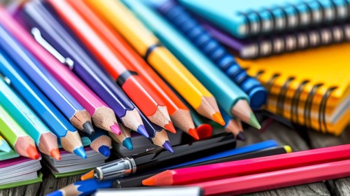 A close-up of colorful pencils and notebooks, showcasing their vibrant colors and sharp tips, AI