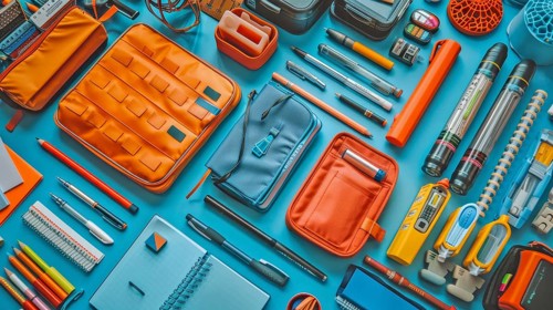 An assortment of orange and blue school supplies, including notebooks, pens, and pencil cases, is