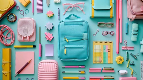 Pastel-colored school supplies and backpack are neatly arranged, including pens, notebooks, and