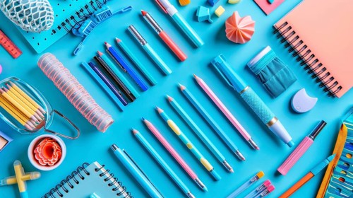 An assortment of blue-toned stationery items, such as pencils and notebooks, is neatly arranged on