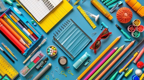 Various colorful stationery items are neatly arranged on a blue background, including pens,