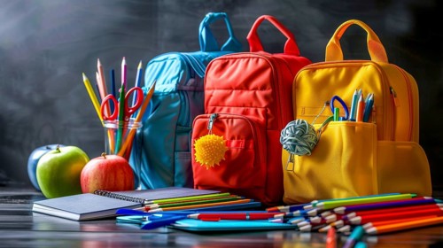 Three colorful backpacks with school supplies such as pencils and apples are placed on a dark