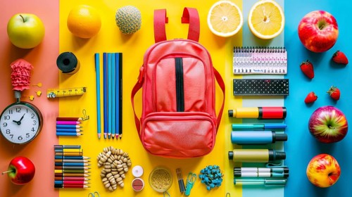A red backpack surrounded by school supplies and various fruits, laid out on a colorful background