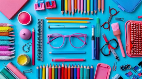 A vibrant display of neatly arranged stationery on a blue background, including glasses, pencils,