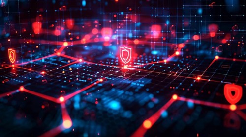 Advanced digital environment featuring red glowing circuitry and shield icons indicating a focus on