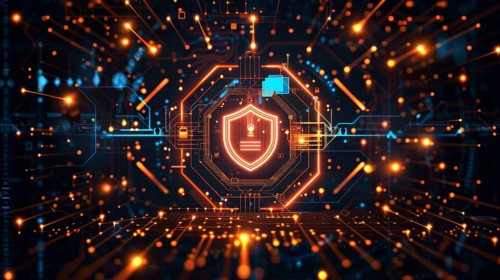 High-tech digital setting with glowing orange circuitry, a central shield symbol, and various