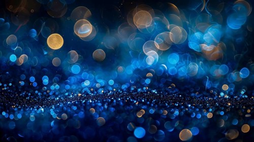 Abstract image with bokeh lights in blue and golden tones creating a dreamy and serene atmosphere,
