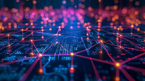 A digital network of interconnected nodes with pink and blue glowing lines creating a futuristic
