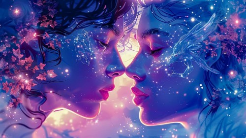 Two figures face each other closely, surrounded by stars and glowing elements, evoking a dreamy,