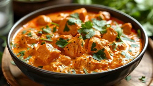 A bowl of creamy chicken curry garnished with fresh cilantro leaves, AI generated