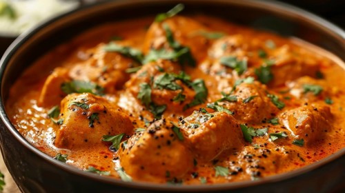 Pieces of chicken in a rich, creamy curry sauce garnished with fresh cilantro, giving an appetizing