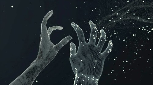 Two digital holographic hands reaching towards each other with particles floating against a dark